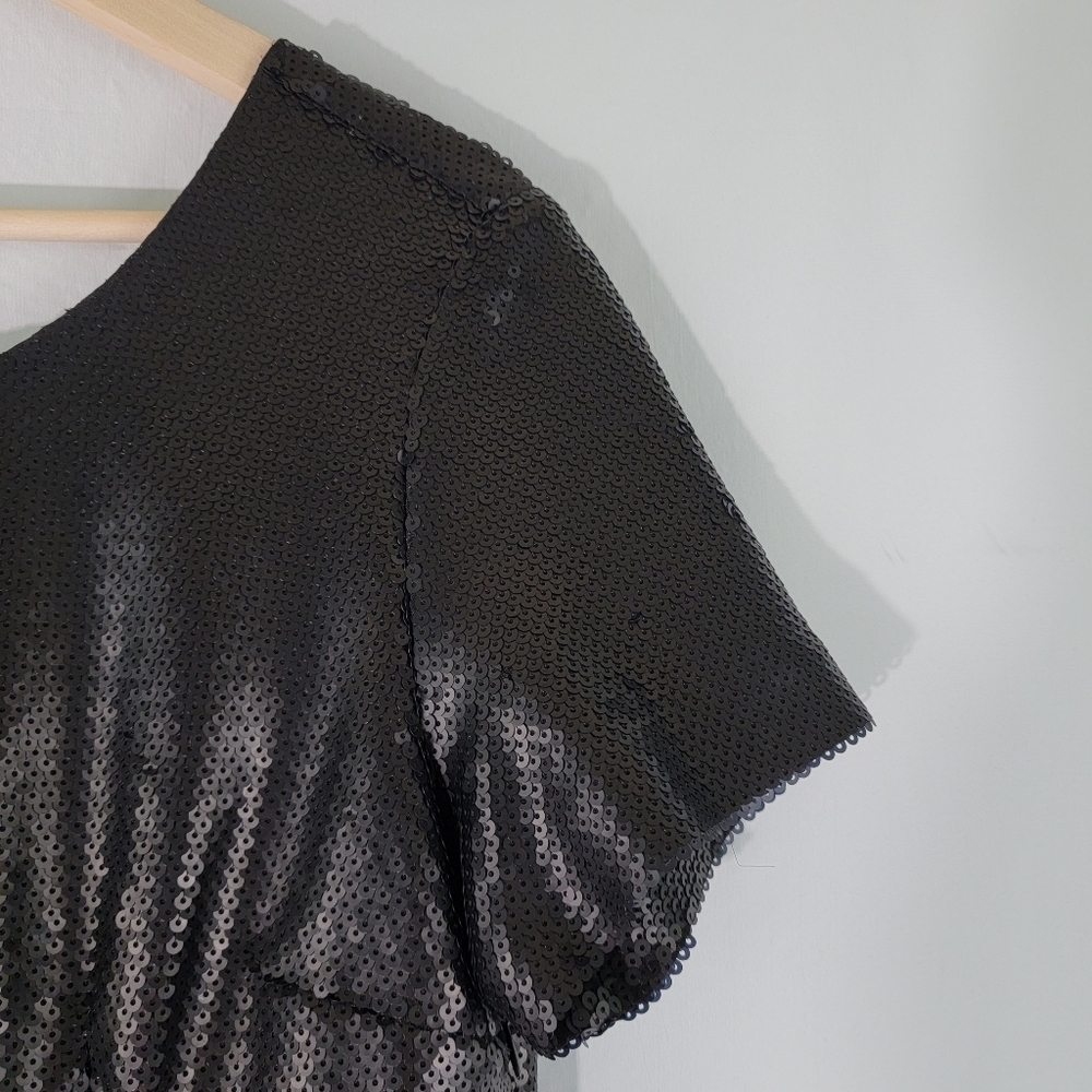 DKNYC Black Sequins Cocktail Sheath Dress Sz 12 Short Sleeve Lined New Year's - Picture 5 of 12